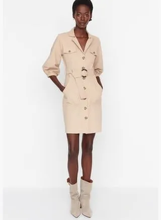 Camel Belted Mini Woven Dress