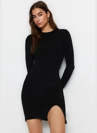 Black Fitted Mini Knitwear Basic Dress TWOAW23EL01416