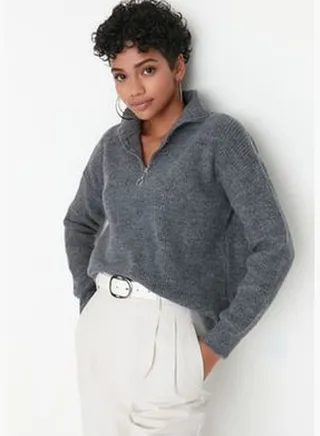 Anthracite Soft Textured Zip-up Knitwear Sweater TWOAW20XS0009