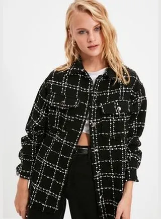 Black Pocket Detailed Checkered Woven Jacket Shirt TWOAW21GO0087