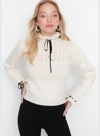 Ecru Soft-Textured Knitwear with Openwork/Perforations Sweater TWOAW21KZ2355