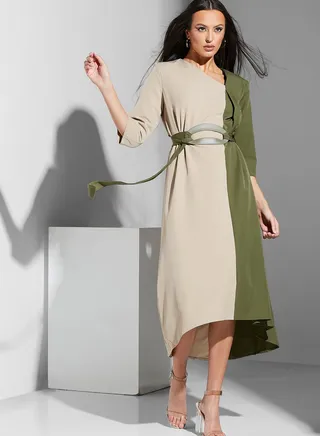 Renee 11:11 Two-Two-Tone Structured Shoulder Overlap Dress