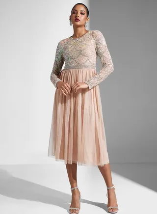 Embellished Tiered Mesh Dress
