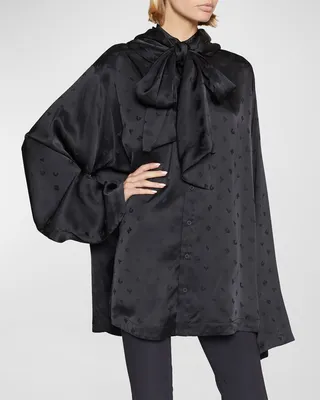 Tie-Neck Hooded Blouse with Logo Print