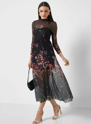 Printed Mesh Detail Dress
