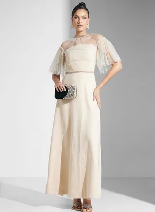 Cold Shoulder Shimmer Dress With Embellished Waistline