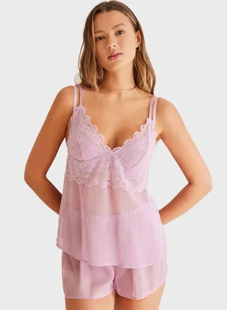 Short Lilac Lace Pyjama Set