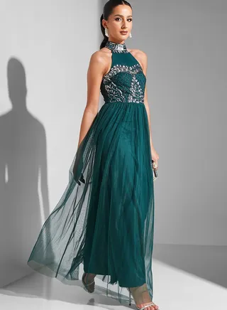 Julia Halter Neck Embellished Bodice Dress