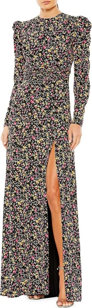 Puff-Sleeve Floor-Length Gown