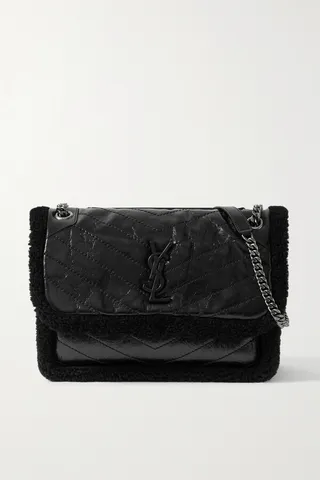SAINT LAURENT - Niki Medium Shearling-trimmed Quilted Crinkled-leather Shoulder Bag - Black