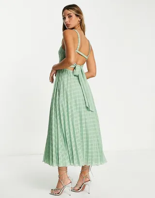 ASOS DESIGN elasticated tie back pleated midi dress in sage green
