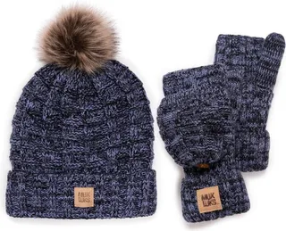 MUK LUKS Women's Patch Beanie and Mitten Set-Moody Blues OS