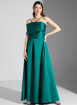 Zena Louay Asymmetric Strap Detail Plated Dress