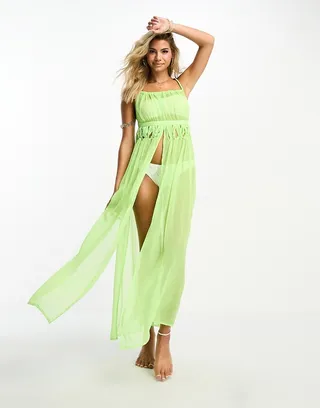 Miss Selfridge beach strappy braid detail split front maxi dress in washed neon lime