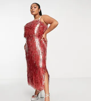 ASOS DESIGN Curve shard detail midi dress with sheer waist detail in pink