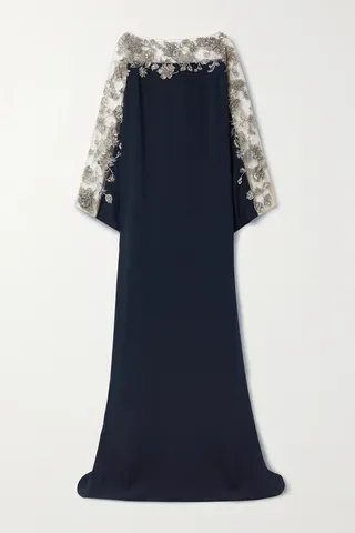 Oscar de la Renta - Embellished Tulle-trimmed Silk-blend Crepe Gown - Blue