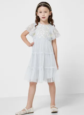 Kids Sequin Floral Print Midi Dress