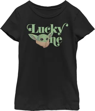 Girl's Star Wars: The Mandalorian St. Patrick's Day Grogu Lucky One T-Shirt - Black - Medium