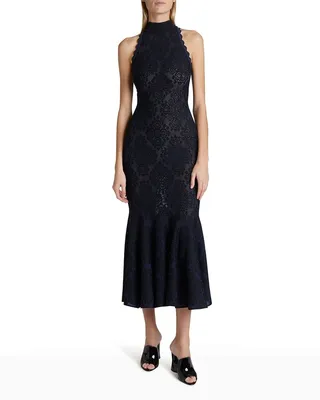 Mesh Floral Lace Flounce-Hem Midi Dress