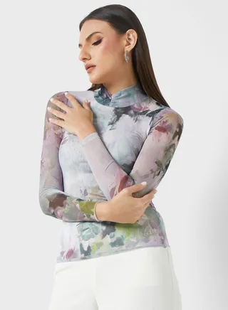 High Neck Printed Mesh Top