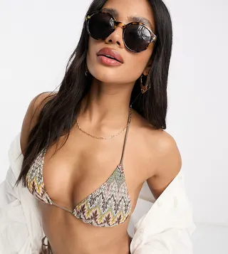 South Beach embroidered triangle bikini top in multi print