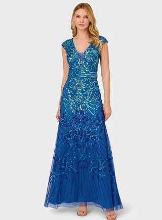 Embellished V-Neck Mesh Dress