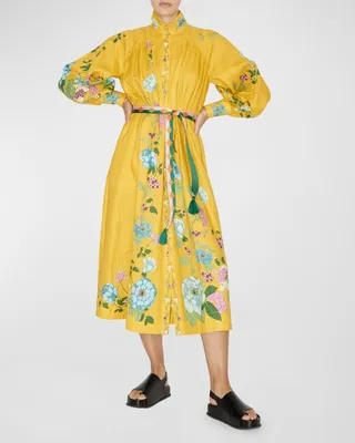 Dana Floral Linen Tie-Belt Midi Shirt Dress