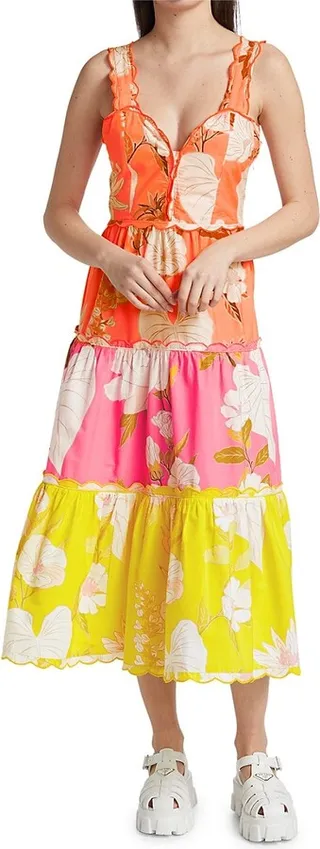 Tiered Colorblocked Floral Midi-Dress