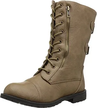 Brinley Co. Womens Buckle Pocket Lace-up Combat Boots Taupe