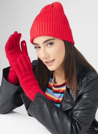 Turn Up Ribbed Winter Beanie & Glove Set