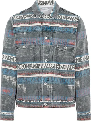 Sacai Graphic-Printed Distressed Buttoned Denim Jacket