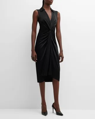Twisted Drape Sleeveless Charmeuse Midi Shirtdress
