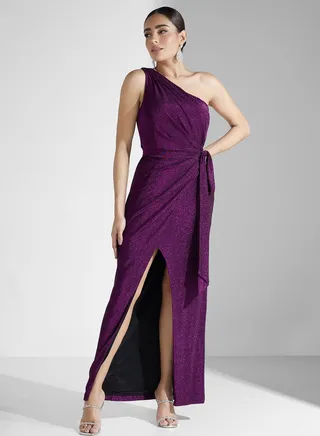 One Shoulder Side Slit Knitted Dress