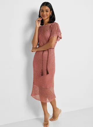 Flared Sleeve Belted Dress