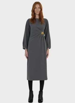 Pleated Waist Metal Trim Woven Dress