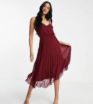 ASOS DESIGN Tall pleated cami midi dress with drawstring waist in oxblood