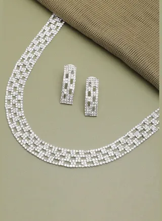 Silver Plated Party Designer Stone Necklace and Earring Set For Women