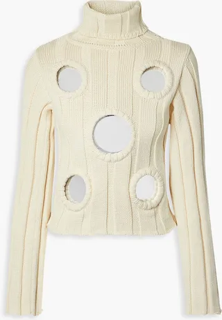 Embellished ribbed cotton-blend turtleneck sweater