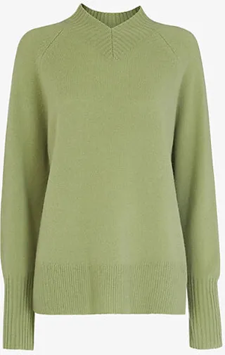 Womens Pale Green High V-neck Merino-wool Jumper