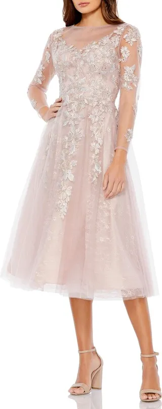 Floral Embroidered Long Sleeve Lace & Tulle Cocktail Dress