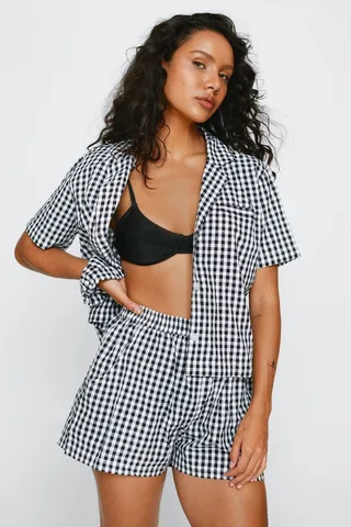 Nasty Gal Womens Gingham Print 3 Piece Short Pajama Set