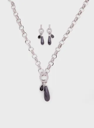 Jet Teardrop Necklace+Earrings Set