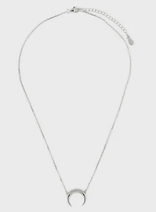 Cubic Zirconia Decor Moon Charm Silver Necklace