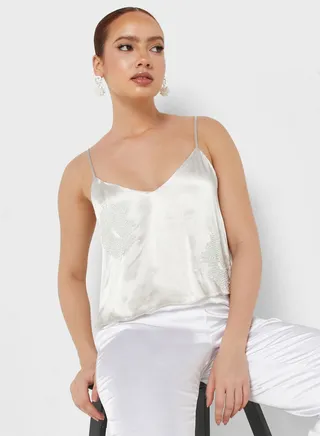 Strap Detail Embroidered Crop Top