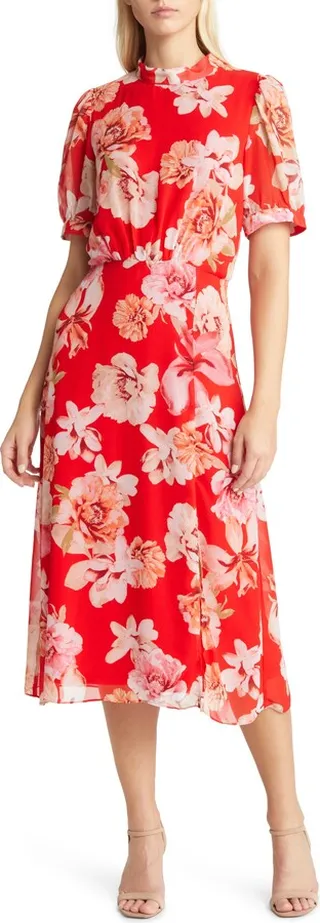 Floral Puff Sleeve Mock Neck Midi Dress