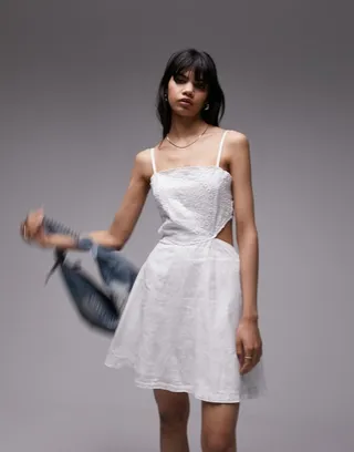 Topshop eyelet linen mini dress in white