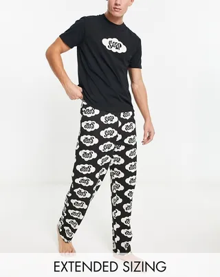 ASOS DESIGN pajama set in black with t-shirt and pants in sleepy print