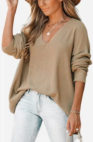 Women's V Neck Split Trim Oversized Sweater - Cupshe -Light Brown-S