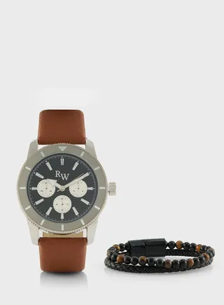 Sporty Analogue Watch & Beaded Bracelet Gift Set