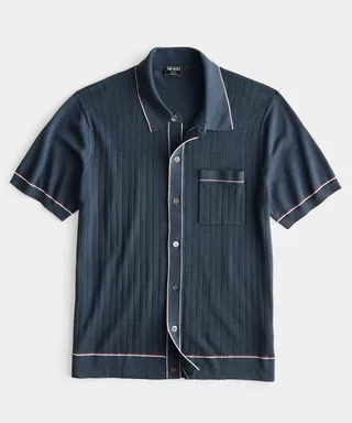 Cotton Silk Short Sleeve Full Placket Riviera Polo in Railings